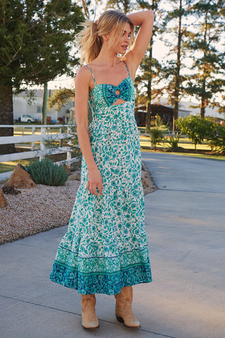 Henley Linen Maxi Dress - Emerald/White Dresses Jaase   