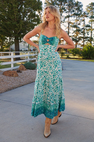 Henley Linen Maxi Dress - Emerald/White Dresses Jaase   