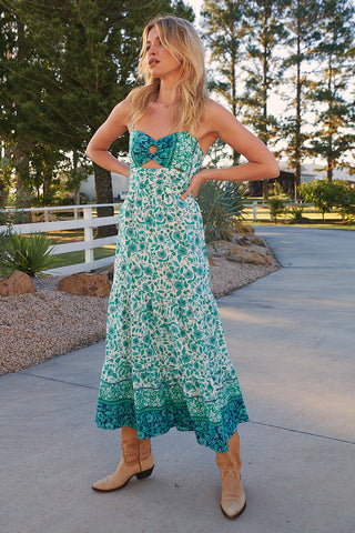 Henley Linen Maxi Dress - Emerald/White Dresses Jaase   