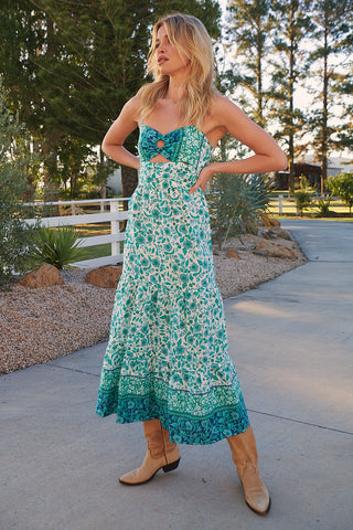 Henley Linen Maxi Dress - Emerald/White Dresses Jaase   