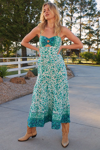 Henley Linen Maxi Dress - Emerald/White Dresses Jaase   