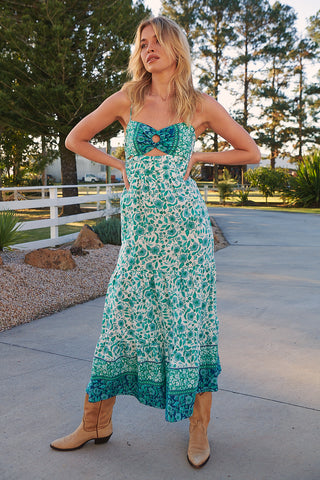 Henley Linen Maxi Dress - Emerald/White Dresses Jaase   