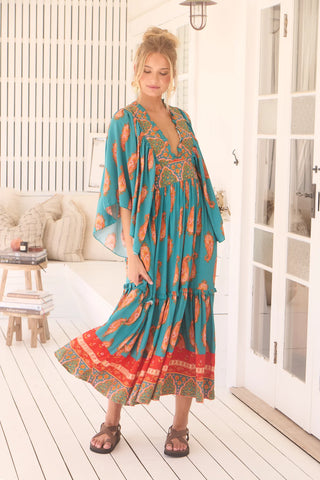 Esther Kimono Maxi - Orange/Blue Dresses Jaase