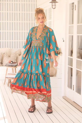 Esther Kimono Maxi - Orange/Blue Dresses Jaase