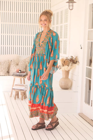 Esther Kimono Maxi - Orange/Blue Dresses Jaase