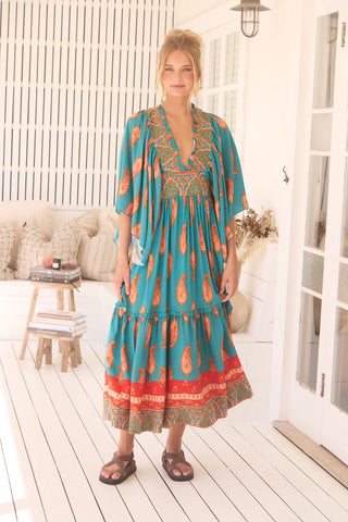 Esther Kimono Maxi - Orange/Blue Dresses Jaase