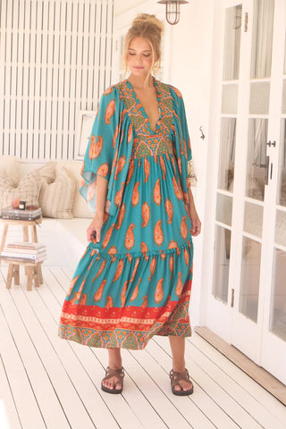 Esther Kimono Maxi - Orange/Blue Dresses Jaase