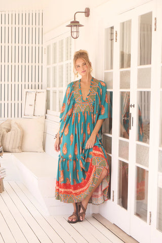 Esther Kimono Maxi - Orange/Blue Dresses Jaase