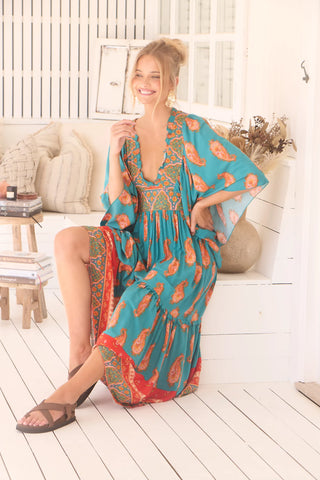 Esther Kimono Maxi - Orange/Blue Dresses Jaase