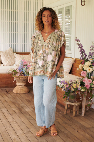 Delilah Blouse - Khaki/Pink Tops Jaase   