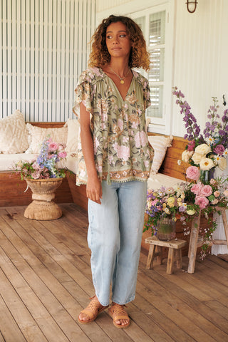 Delilah Blouse - Khaki/Pink Tops Jaase   