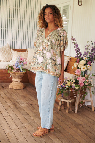 Delilah Blouse - Khaki/Pink Tops Jaase   