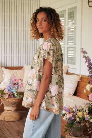 Delilah Blouse - Khaki/Pink Tops Jaase   