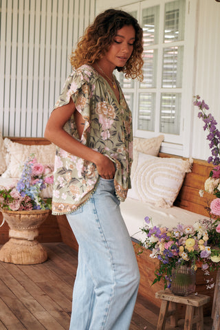 Delilah Blouse - Khaki/Pink Tops Jaase   