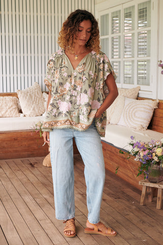 Delilah Blouse - Khaki/Pink Tops Jaase   