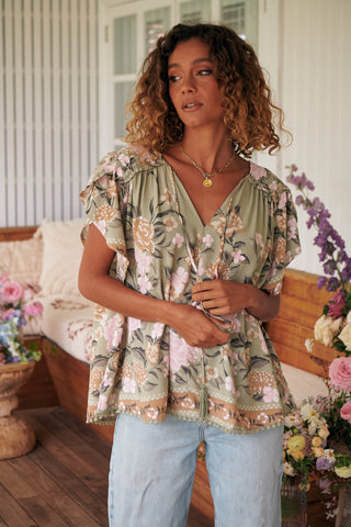 Delilah Blouse - Khaki/Pink Tops Jaase   