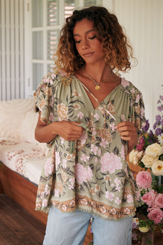 Delilah Blouse - Khaki/Pink Tops Jaase   