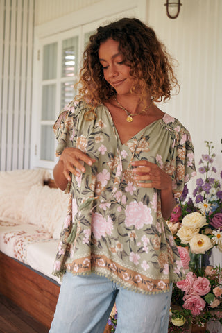 Delilah Blouse - Khaki/Pink Tops Jaase   