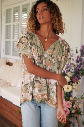 Delilah Blouse - Khaki/Pink Tops Jaase   