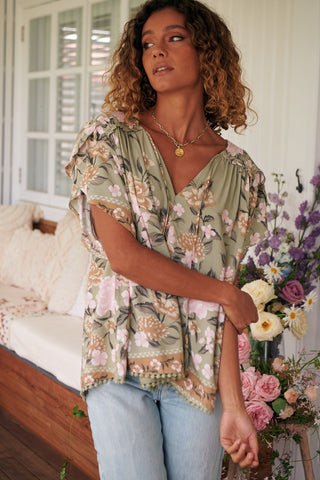 Delilah Blouse - Khaki/Pink Tops Jaase   