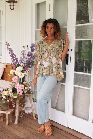 Delilah Blouse - Khaki/Pink Tops Jaase   