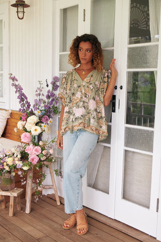 Delilah Blouse - Khaki/Pink Tops Jaase   