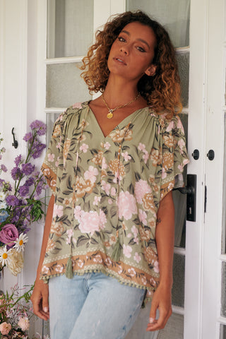 Delilah Blouse - Khaki/Pink Tops Jaase   