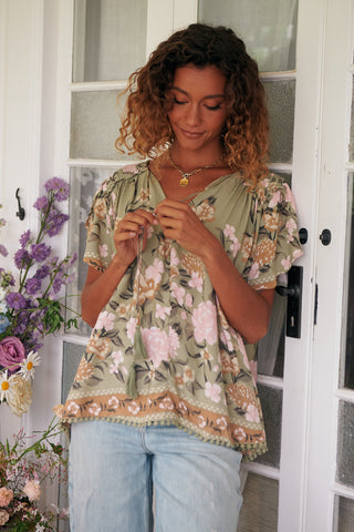 Delilah Blouse - Khaki/Pink Tops Jaase   