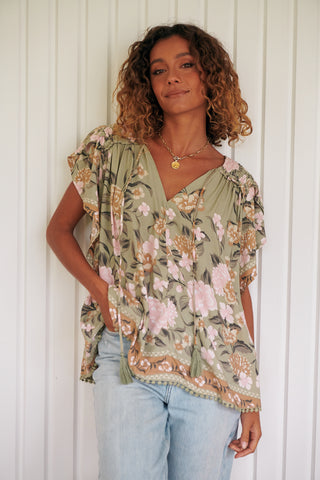 Delilah Blouse - Khaki/Pink Tops Jaase   