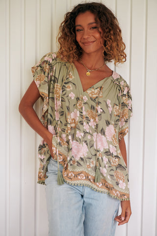 Delilah Blouse - Khaki/Pink Tops Jaase   