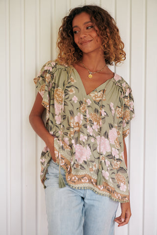 Delilah Blouse - Khaki/Pink Tops Jaase   