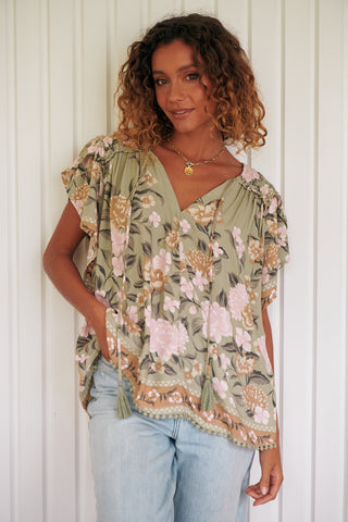 Delilah Blouse - Khaki/Pink Tops Jaase   