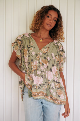 Delilah Blouse - Khaki/Pink Tops Jaase   