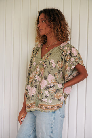 Delilah Blouse - Khaki/Pink Tops Jaase   