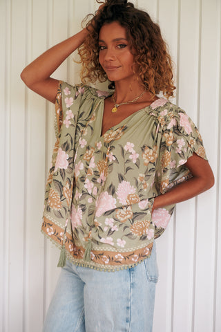 Delilah Blouse - Khaki/Pink Tops Jaase   