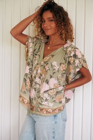 Delilah Blouse - Khaki/Pink Tops Jaase   