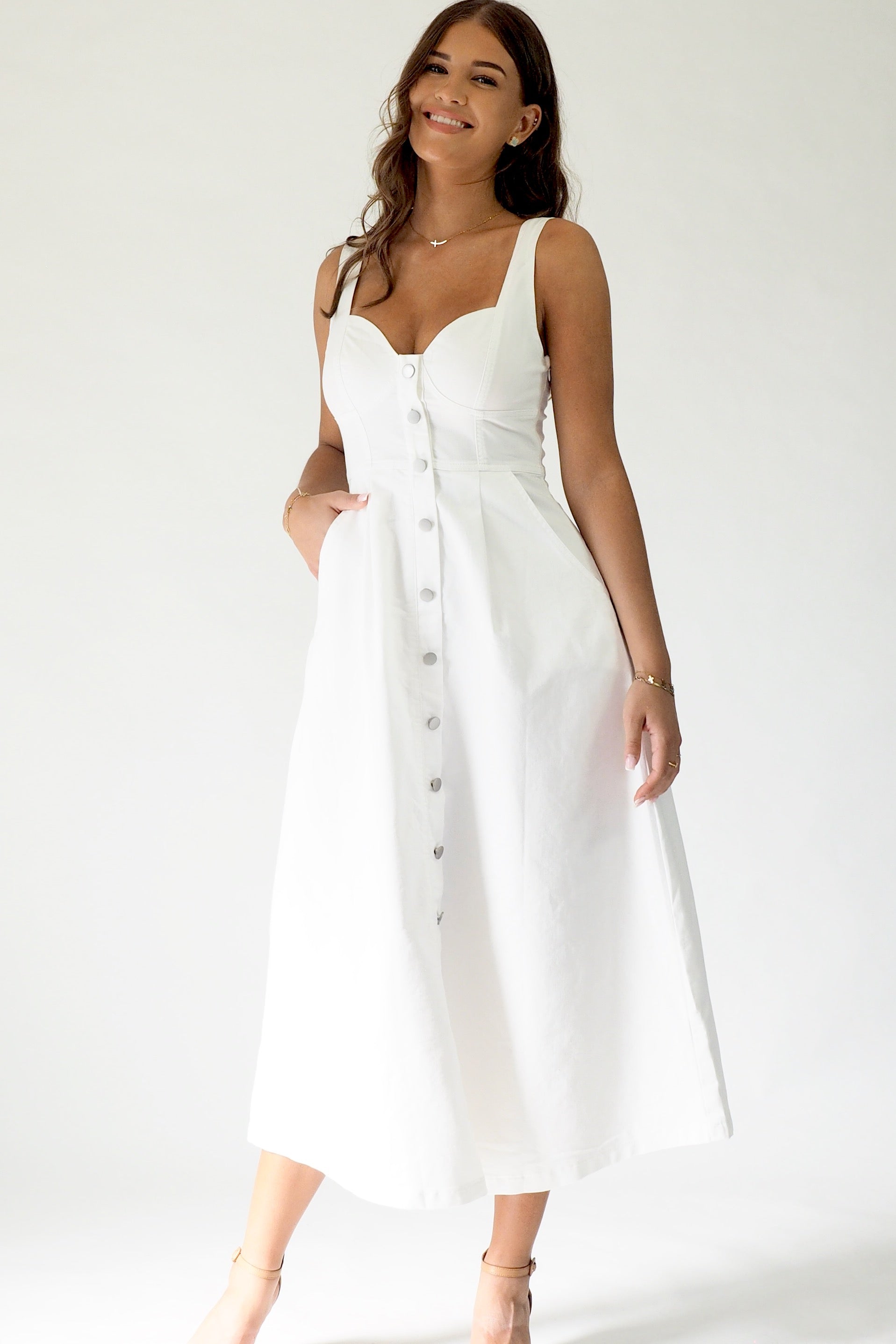 Lolita Denim Midi Dress - White Denim Sage Collective Lolita Denim Midi Dress - White Denim Sage Collective