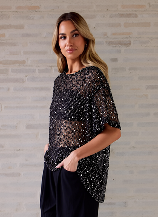 Sienna Black Sequins Mesh Tee - By Frankie Tops By Frankie