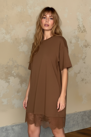 Caramel Brown Oversized Tee With Lace Skirt - By Frankie Dresses By Frankie