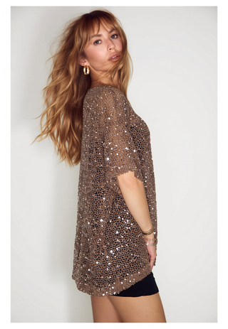 Sienna Brown Sequins Mesh Tee - By Frankie Tops By Frankie