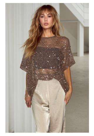 Sienna Brown Sequins Mesh Tee - By Frankie Tops By Frankie
