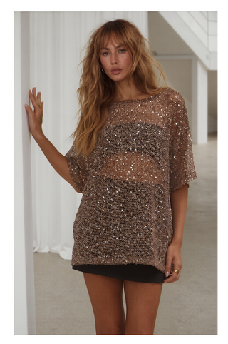 Sienna Brown Sequins Mesh Tee - By Frankie Tops By Frankie