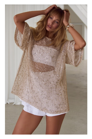 Sienna Sequins Cream/Beige Mesh Tee - By Frankie Tops By Frankie