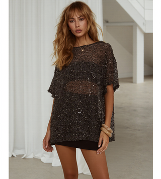 Sienna Black Sequins Mesh Tee - By Frankie