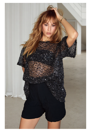 Sienna Black Sequins Mesh Tee - By Frankie