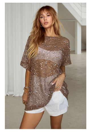 Sienna Brown Sequins Mesh Tee - By Frankie Tops By Frankie