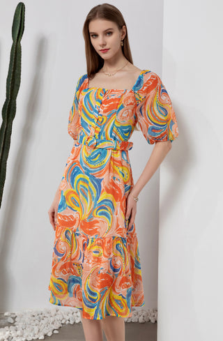 Anastasia Midi Linen Dress - Orange/Multi - GDS Dresses GDS   