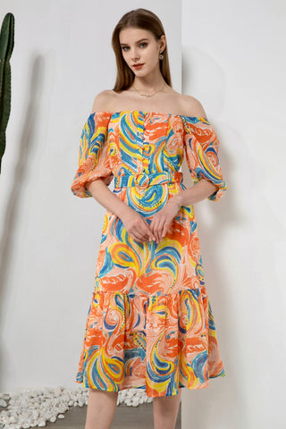 Anastasia Midi Linen Dress - Orange/Multi - GDS Dresses GDS   