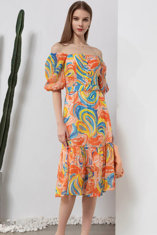 Anastasia Midi Linen Dress - Orange/Multi - GDS Dresses GDS   