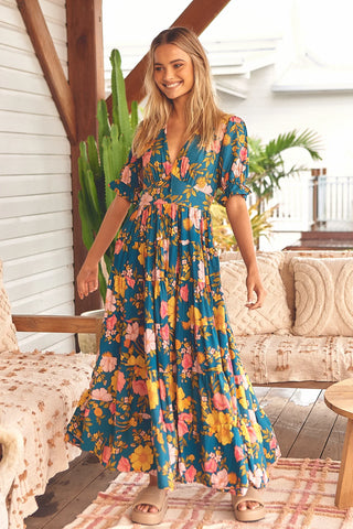 Lily Maxi Dress - Teal/Yellow/Pink Dresses Jaase   